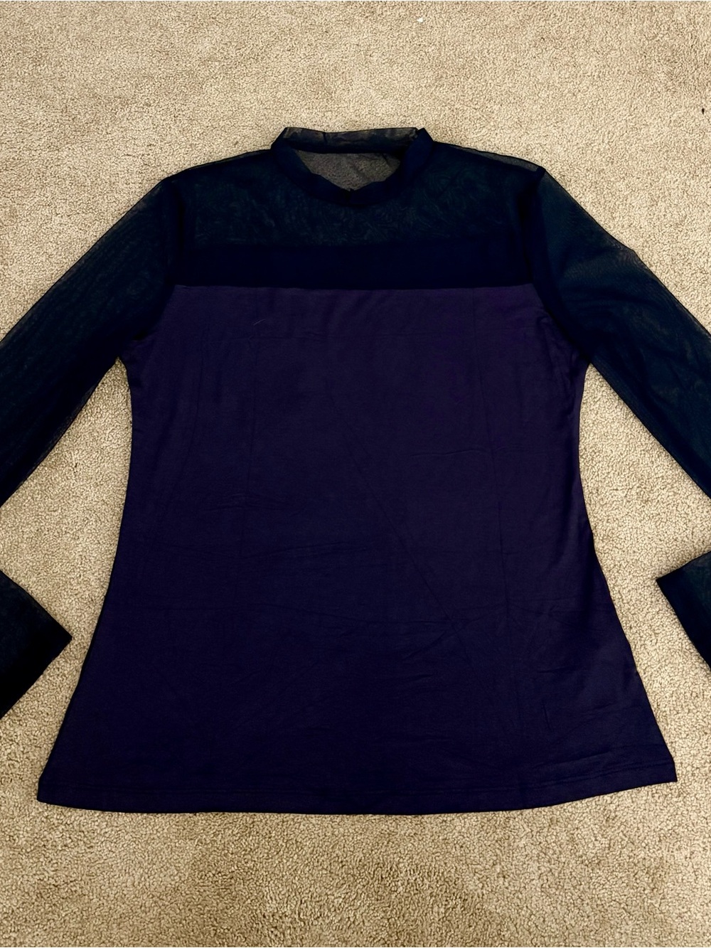 Mesh Yoke Long Sleeve Navy Top